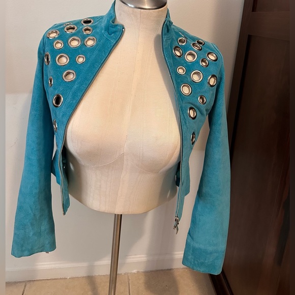 Vintage CACHE Turquoise Suede Leather Jacket w/Silver Gromets Size 4 - Picture 2 of 6